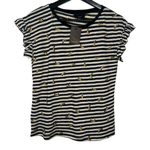 Lumiere Banana Print Striped Tee Womens Medium Black White Ruffle Cap Sleeve Top